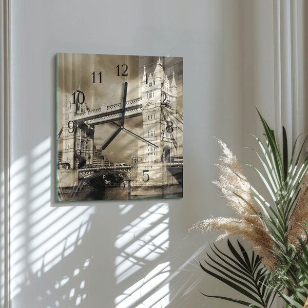 Skleněné hodiny na stěnu Londýnský most v sépiovém odstínu zskc-30x30-00174439