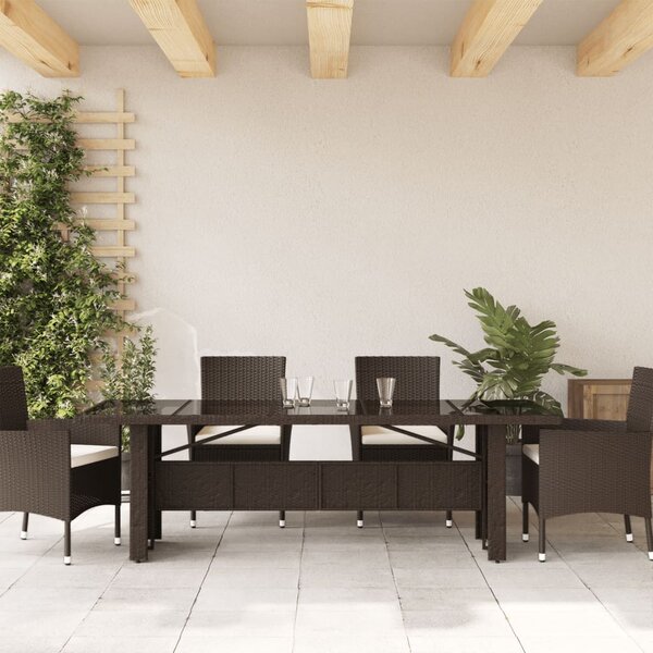 Zahradní stůl se skleněnou deskou hnědý 240x90x75 cm polyratan