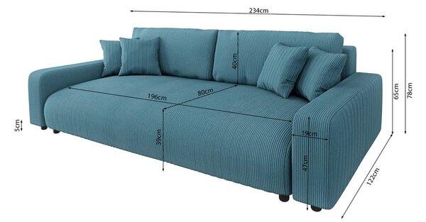 Tyrkysová manšestrová rozkládací/s úložným prostorem pohovka 234 cm Sara – Ropez