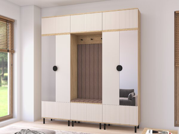Předsíňová stěna Bello 3 se zrcadlem - dub/kašmír, vysoké nožky Barva panelů: Černá - Trinity 16