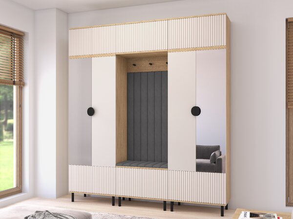 Předsíňová stěna Bello 3 se zrcadlem - dub/kašmír, vysoké nožky Barva panelů: Černá - Trinity 16