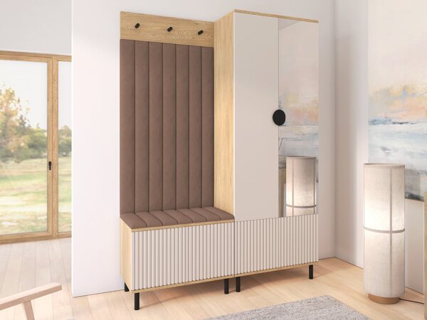 Předsíňová stěna Bello 1 se zrcadlem - dub/kašmír, vysoké nožky Barva panelů: Tmavě hnědá - Trinity 08