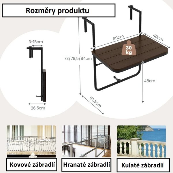 Balkonový závěsný stolek čtvercový hnědý, kov/HIPS NP11099CF