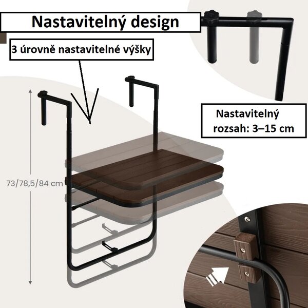 Balkonový závěsný stolek čtvercový hnědý, kov/HIPS NP11099CF