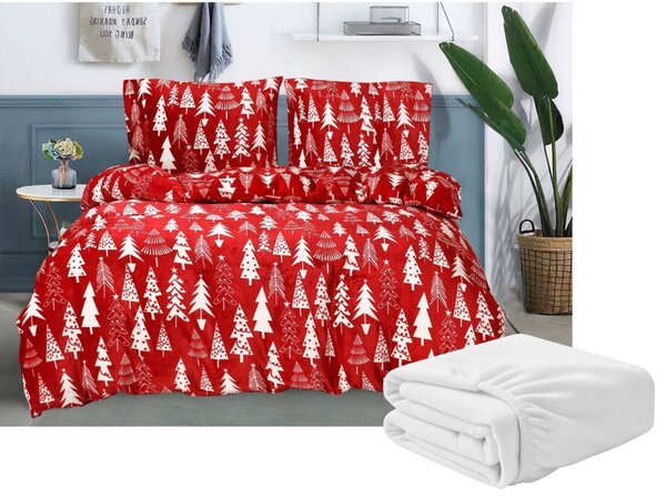 Sada mikroplyšového povlečení CHRISTMAS TREES červené + prostěradlo mikroplyš SOFT 180x200 cm bílé, dvoulůžko