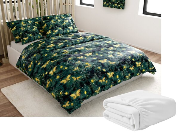 Sada mikroplyšového povlečení YELLOW BUTTERFLY tmavě zelené + prostěradlo mikroplyš SOFT 90x200 cm bílé, jednolůžko