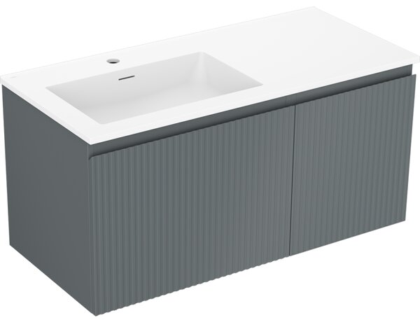 Mexen Rivel, koupelnová skříňka 100 cm s umyvadlem Otis vlevo, 1S, 1D, drážkovaná, grafitová matná/bílá matná, 91A23-10047-3-BBFF66-W18L01