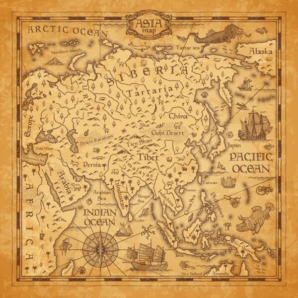 Mapa Vintage map of Asia, vector ancient parchment, seamartini