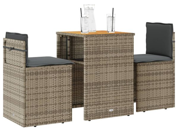 3dílný bistro set s poduškami šedý polyratan
