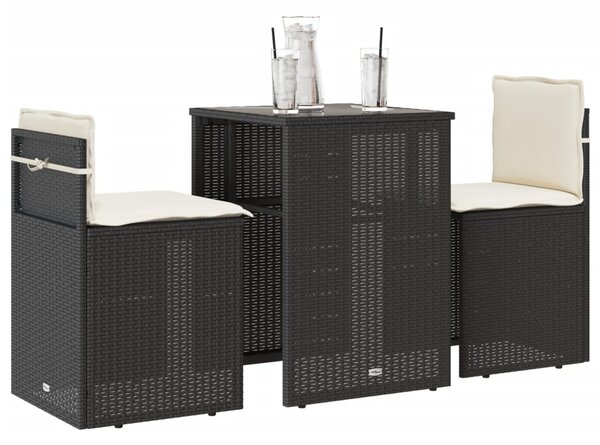 3dílný bistro set s poduškami černý polyratan