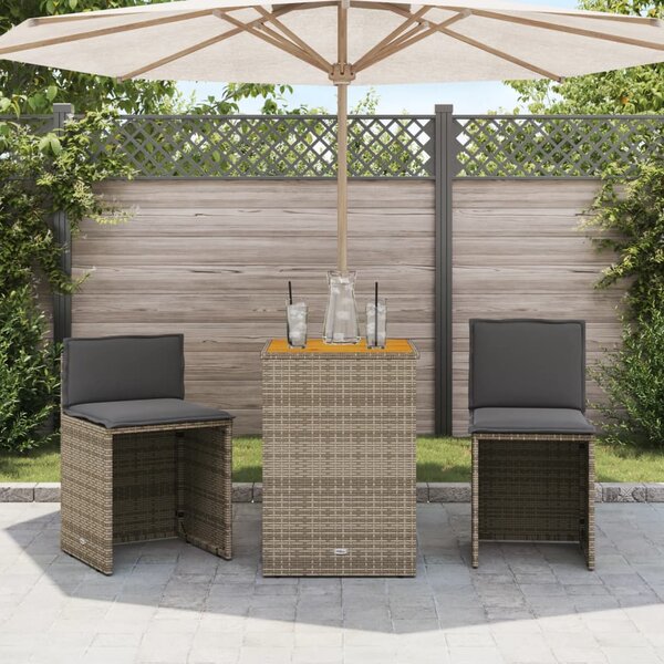 3dílný bistro set s poduškami šedý polyratan