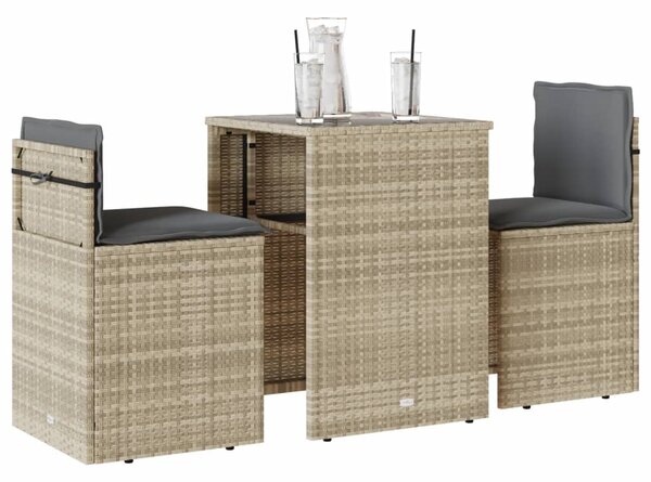 3dílný bistro set s poduškami světle šedý polyratan