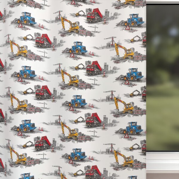 Biante Dětský bavlněný závěs Sandra SA-578 Náklaďáky a bagry na bílém 150x150 cm