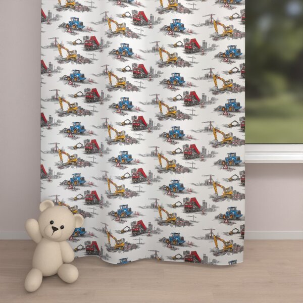 Biante Dětský bavlněný závěs Sandra SA-578 Náklaďáky a bagry na bílém 150x150 cm