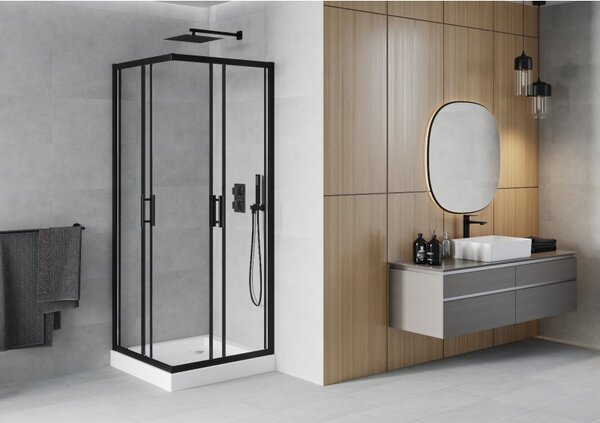 Mexen Rio čtvercový sprchový kout 70 x 70 cm, transparentní, černý + bílá sprchová vanička - 860-070-070-70-00-4510