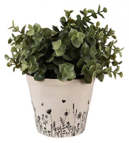 Béžový keramický obal na květináč s kresbou rostlinek Flora a Fauna – 12x11 cm