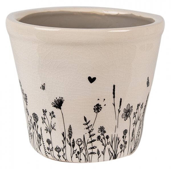 Béžový keramický obal na květináč s kresbou rostlinek Flora a Fauna – 12x11 cm