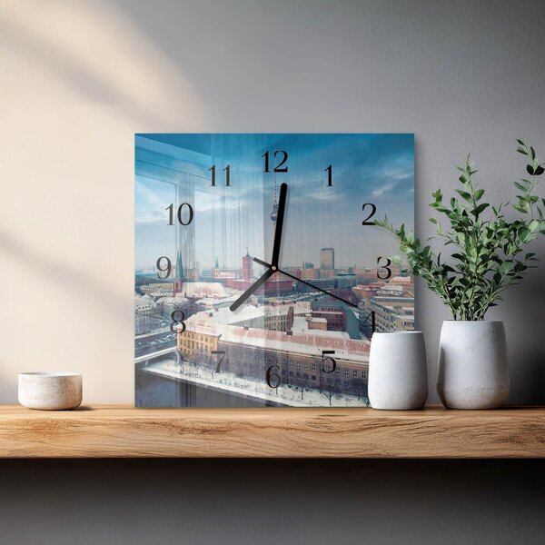 Skleněné hodiny na stěnu Zimní město zskc-30x30-00175347
