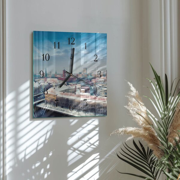 Skleněné hodiny na stěnu Zimní město zskc-30x30-00175347