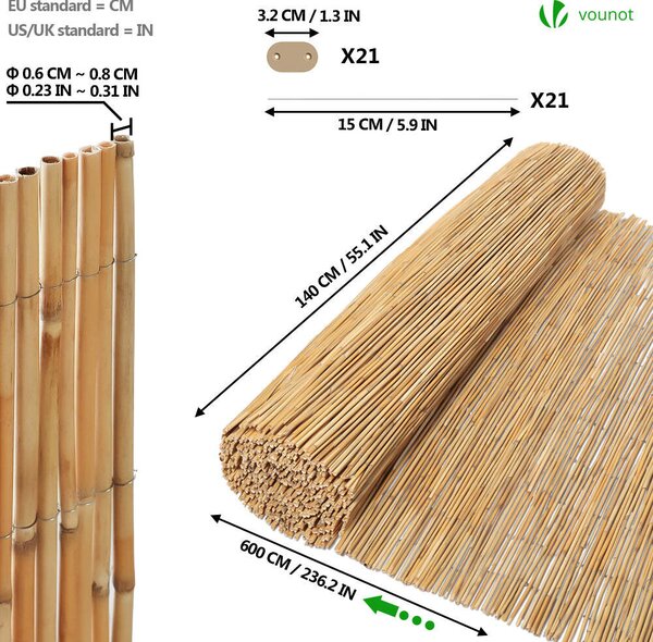 VOUNOT® rákosová rohož 140 x 600 cm, rákosové rohože jako ochrana před pohledy, větrem a sluncem, zahradní zástěna