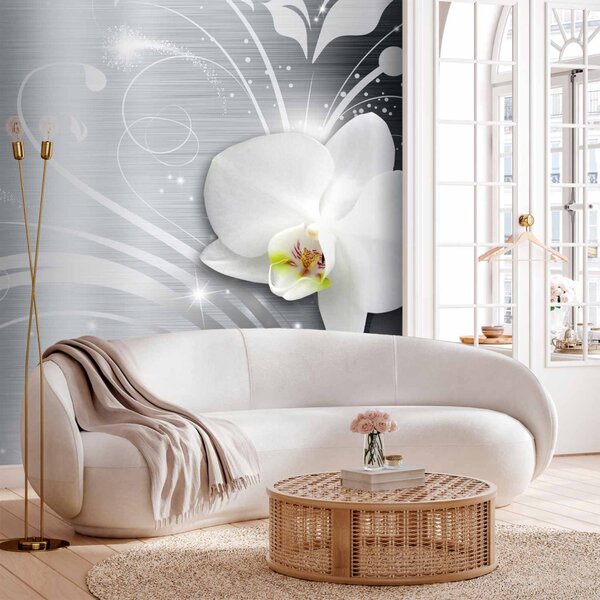 Fototapeta Orchideje na oceli - abstrakce s bílými květy