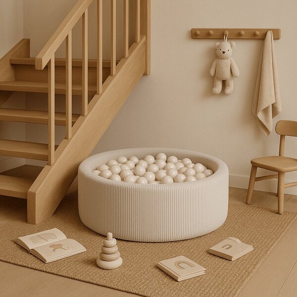 Krémový manšestrový bazének s míčky ø 90x30 cm Montessori – Meowbaby