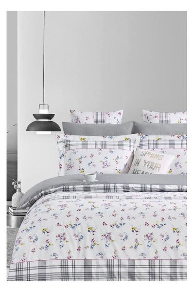 Bílo-šedé prodloužené povlečení na dvoulůžko z bavlny Renforcé s prostěradlem/4dílné 200x220 cm – Mila Home