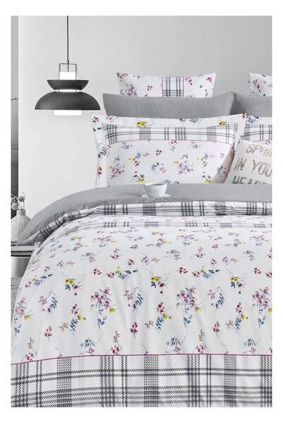 Bílo-šedé prodloužené povlečení na dvoulůžko z bavlny Renforcé s prostěradlem/4dílné 200x220 cm – Mila Home