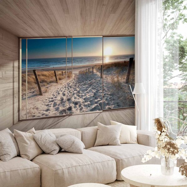 Fototapeta Pohled z okna - krajina 3D v chladném tónu s pláží při východu slunce