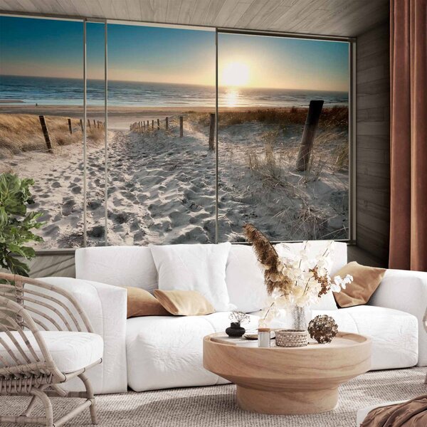 Fototapeta Pohled z okna - 3D pláž při východu slunce s efektem šedivosti