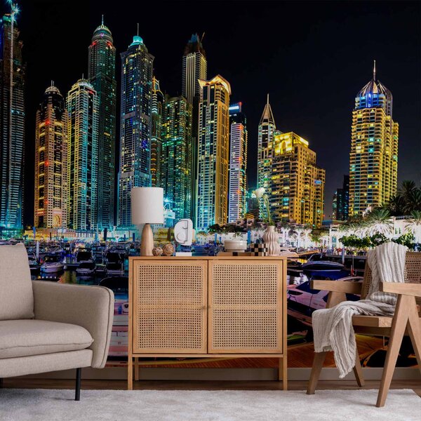Fototapeta Noc v Dubaji a Marina - moderní lodě na pozadí architektury města