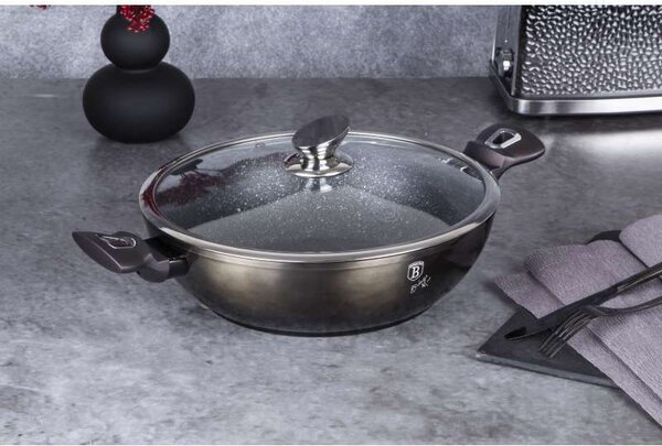 BERLINGERHAUS Wok pánev s poklicí s mramorovým povrchem 30 cm Shiny Black Edition BH-7115