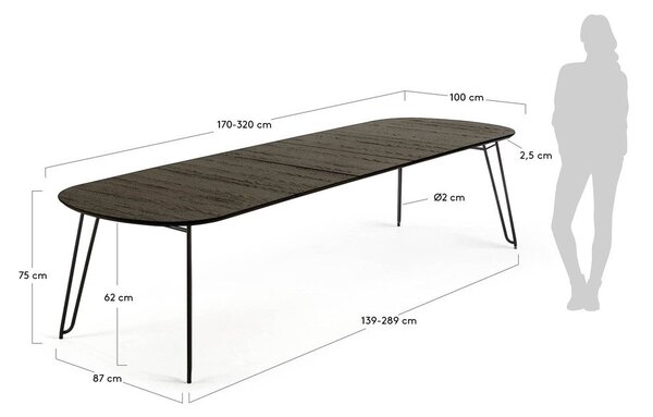 Tmavě hnědý rozkládací jídelní stůl s deskou v dekoru jasanového dřeva 100x170 cm Milian – Kave Home
