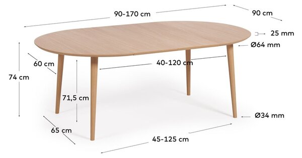 Kulatý rozkládací jídelní stůl v dekoru dubu v přírodní barvě ø 90 cm Oqui – Kave Home