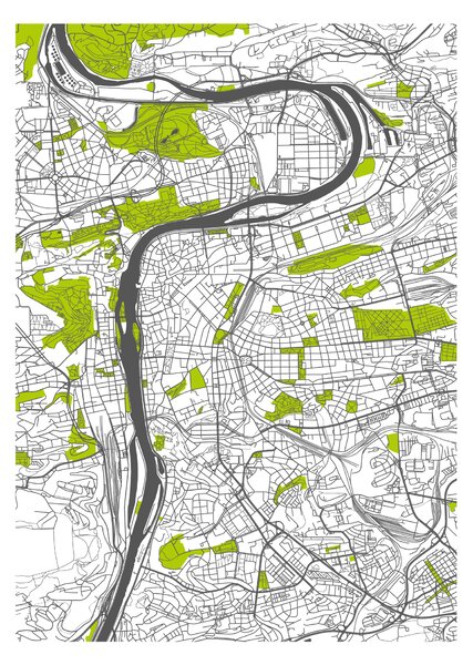 FUGU Stylizovaná mapa Prahy Barva: šedá-svěží zelená, Rozměr: 40 x 55 cm