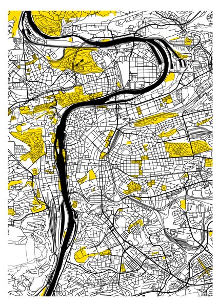 FUGU Stylizovaná mapa Prahy Barva: černá - žlutá, Rozměr: 130 x 92 cm