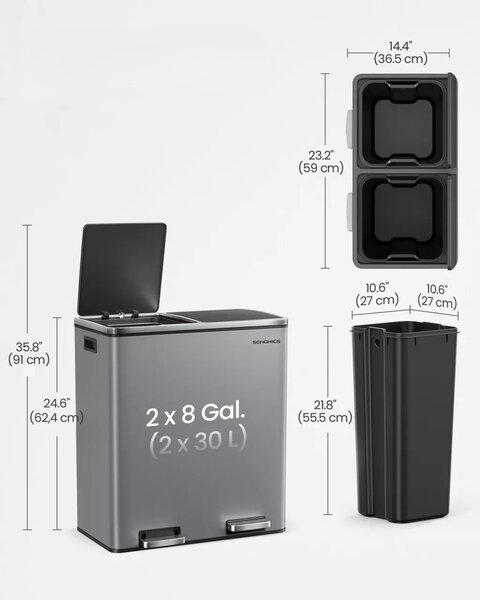 SONGMICS Odpadkový koš s víkem JORDAN 2x30 L šedý/černý