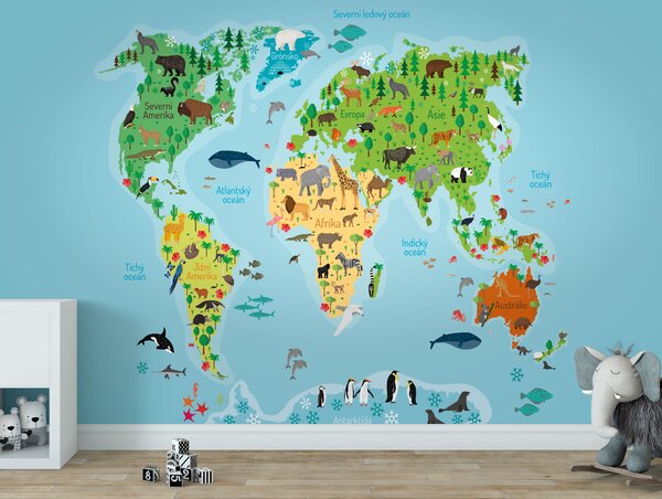 FUGU Dětská mapa světa se zvířaty samolepicí tapeta Materiál: Samolepicí tkaný eko materiál - samolepicí tapeta