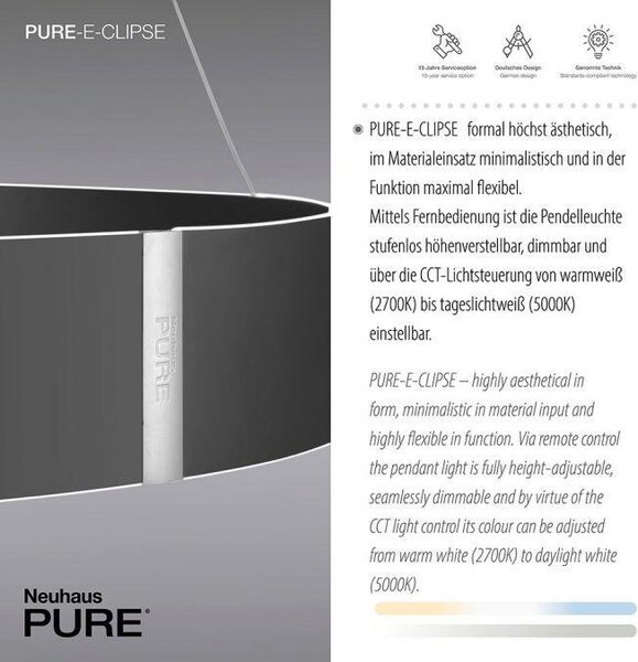 Paul Neuhaus Závěsné LED svítidlo PURE E-Clipse, 53W, ø 70 cm, 2700-5000K, elektricky nastavitelná výška Barva: Mystická šedá