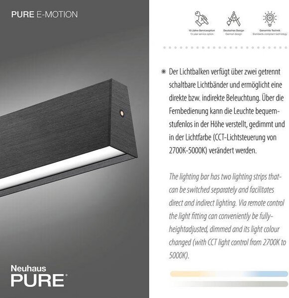 Paul Neuhaus Závěsné LED svítidlo PURE-E-MOTION, 45W, d. 120 cm, 2700-5000K, elektricky nastavitelná výška Barva: Platina
