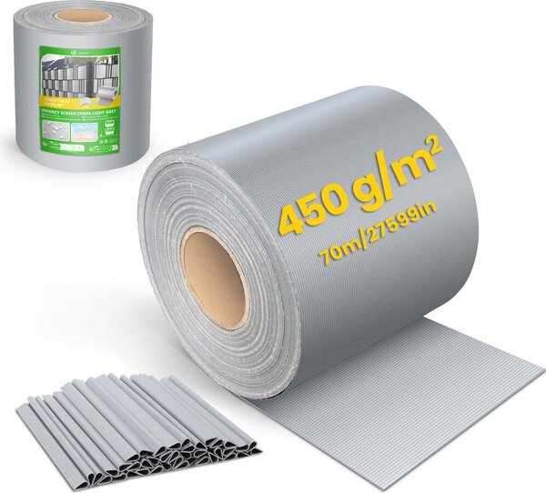 VOUNOT® PVC ochranné pásky pro ploty s dvojitou mříží, 70 m x 19 cm, 40 upevňovacích klipů, světle šedá barva