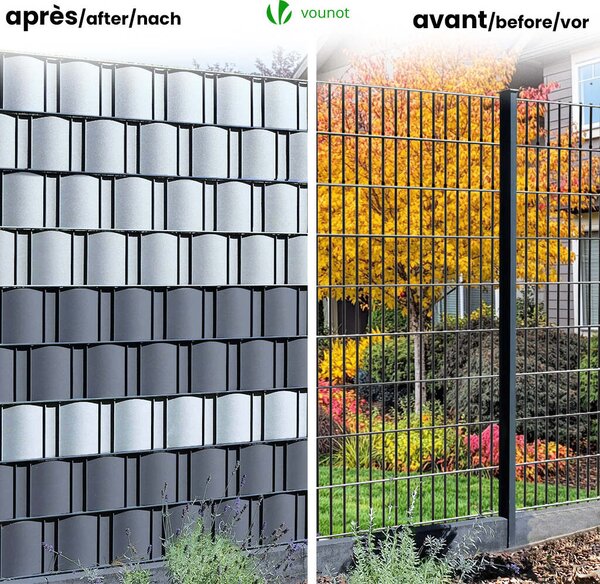 VOUNOT® PVC ochranné pásky pro ploty s dvojitou mříží, 140 m x 19 cm, 80 upevňovacích klipů, světle šedá barva