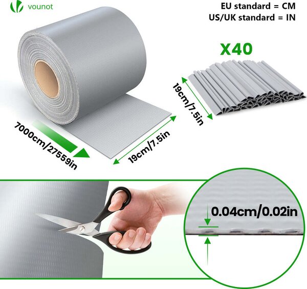 VOUNOT® PVC ochranné pásky pro ploty s dvojitou mříží, 70 m x 19 cm, 40 upevňovacích klipů, světle šedá barva