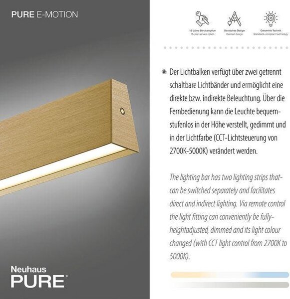 Paul Neuhaus Závěsné LED svítidlo PURE-E-MOTION, 45W, d. 120 cm, 2700-5000K, elektricky nastavitelná výška Barva: Platina