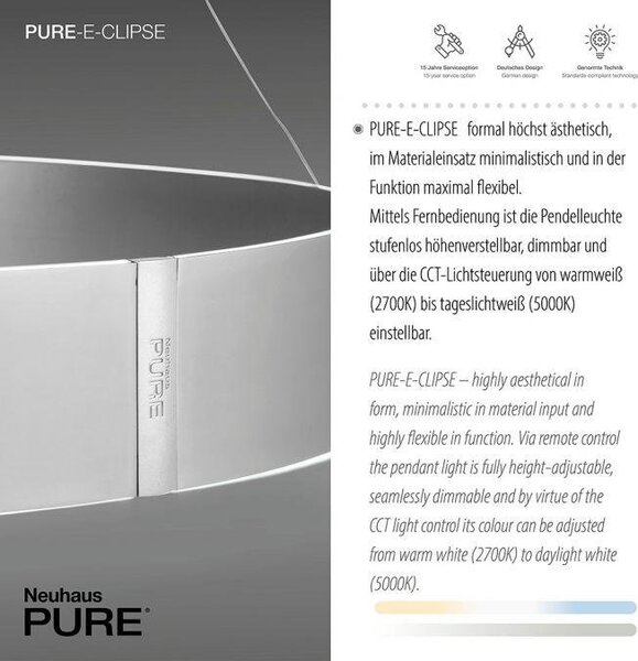 Paul Neuhaus Závěsné LED svítidlo PURE E-Clipse, 53W, ø 70 cm, 2700-5000K, elektricky nastavitelná výška Barva: Mystická šedá