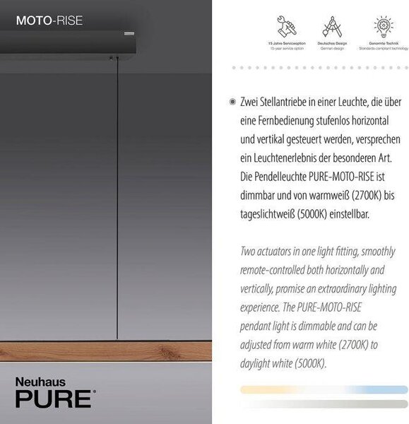 Paul Neuhaus LED závěsné svítidlo PURE-MOTO-RISE elektricky nastavitelná výška + šířka / dotykové 2700-5000K dub/černá perleť, d.200cm