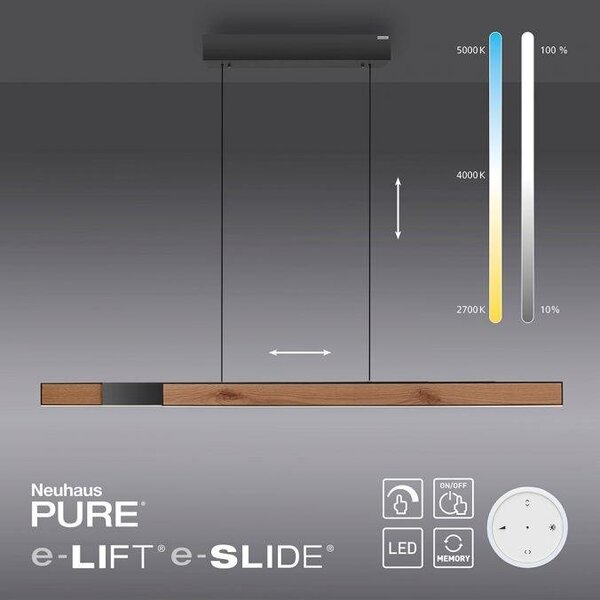 Paul Neuhaus LED závěsné svítidlo PURE-MOTO-RISE elektricky nastavitelná výška + šířka / dotykové 2700-5000K dub/černá perleť, d.200cm