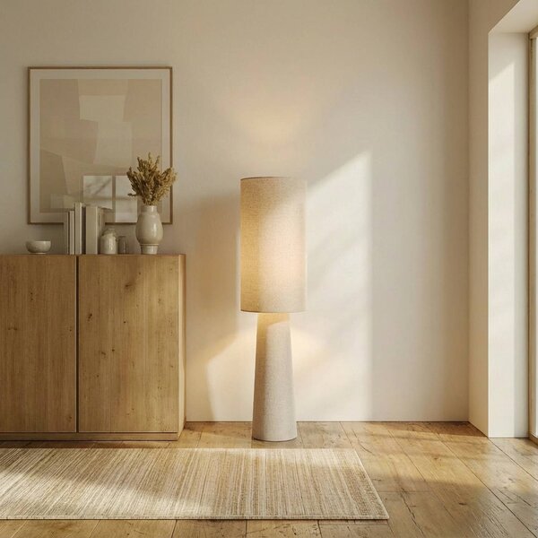 Lindby stojací lampa Elfie, výška 124 cm, béžová, len, 2x E27, Krémová / jantar, Obývací pokoj / jídelna, Textil / tkanina / hedvábí, Skandinávský