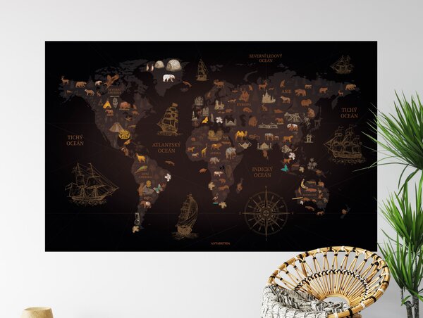FUGU Dětská Mapa světa Dobrodružné objevy - plakát tmavá Rozměr: MALÁ: (š x v) 134 x 85 cm - Mapa světa objevy