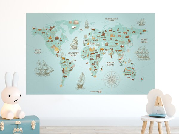 FUGU Dětská Mapa světa Dobrodružné objevy - plakát modrá Rozměr: MALÁ: (š x v) 134 x 85 cm - Mapa světa objevy